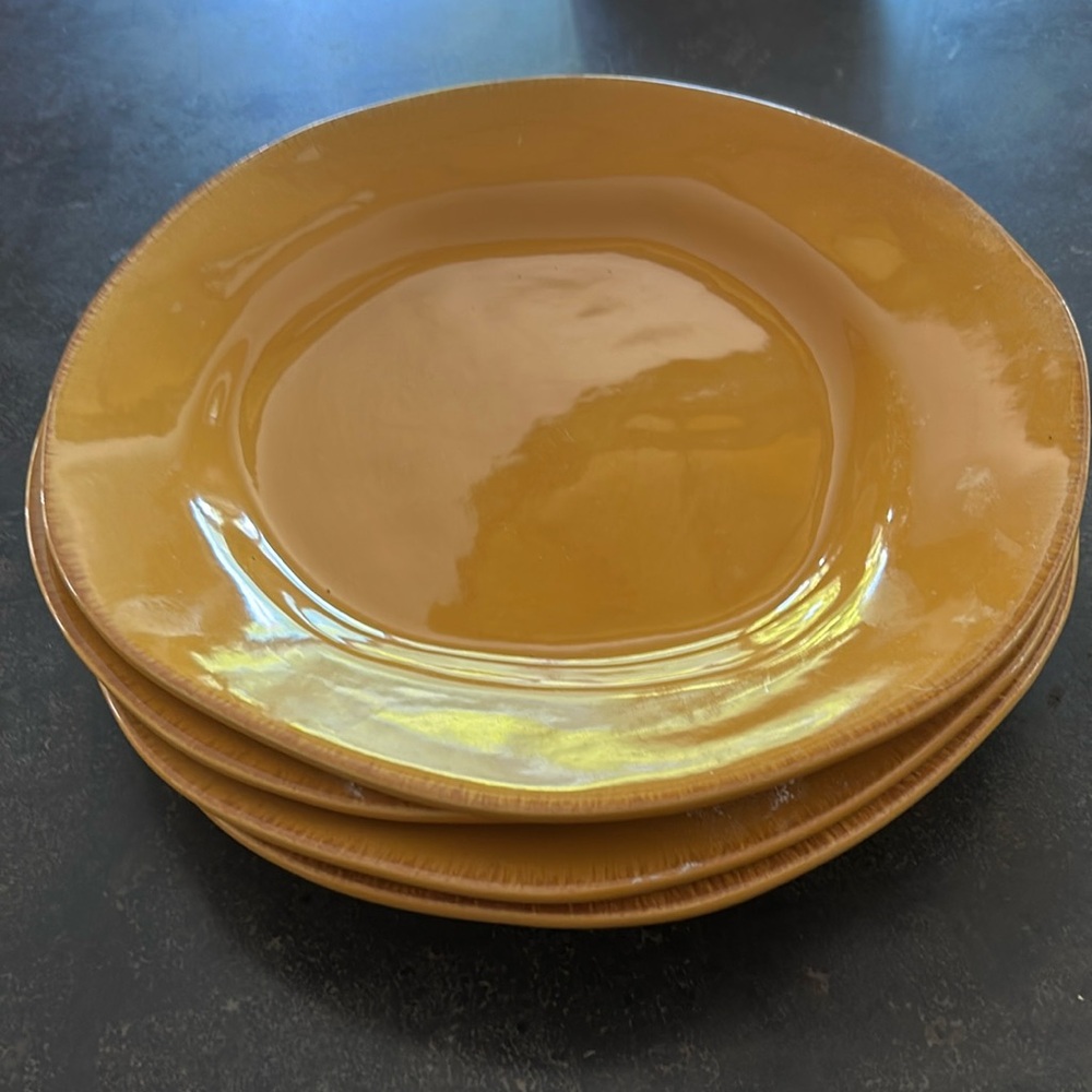 COPY - PIER 1 ASYMMETRICAL SHAPED "ELEMENTAL" DINNER PLATES: SET OF FOUR HONEY